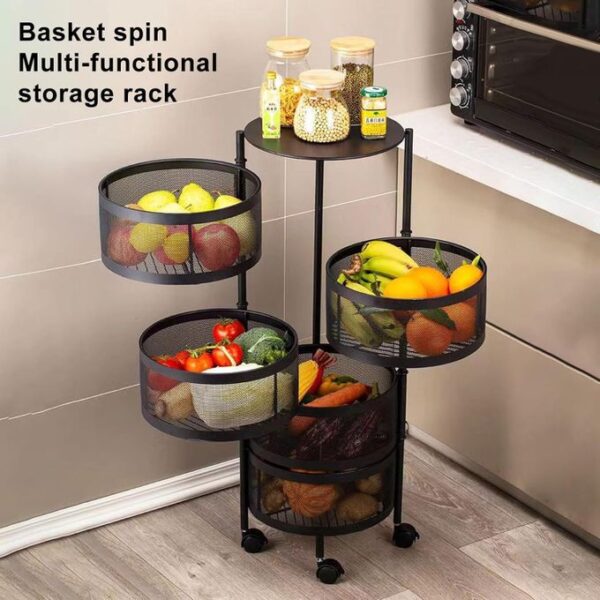 hot sale 5 tier circular rotating fruit basket organizer, removable shelf, rolling wheels, metal wire shelf with top lid, multicolor