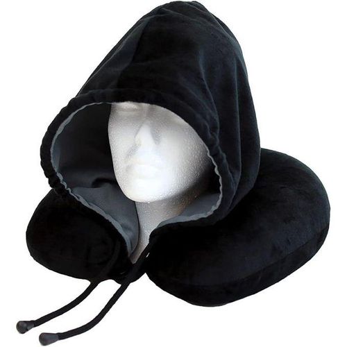 hot sale soft comfortable hooded neck travel pillow u shape airplane neck support cushion with hoodie, multicolor