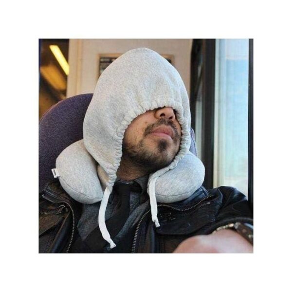 hot sale soft comfortable hooded neck travel pillow u shape airplane neck support cushion with hoodie, multicolor