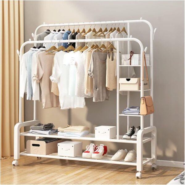 hot sale hanger rack double pole clothes rack heavy duty metal clothes rail large clothes hanger coat cart with 2 bottom storage shelves and 4 wheels, multicolor