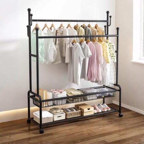 hot sale 4 in 1 heavy duty metal coat rack with double bar and 2 tier shoe storage, 100kg capacity, size: 120cm x 45cm x 172cm (length x width x height) ideal for bedroom and living room, multicolor