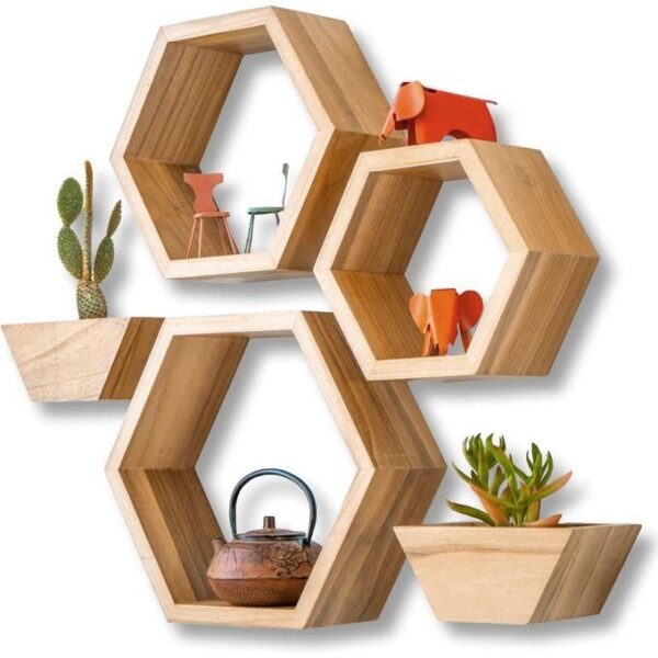 hot sale 5 in 1 hexagonal floating shelves wooden comes with hooks for mountings