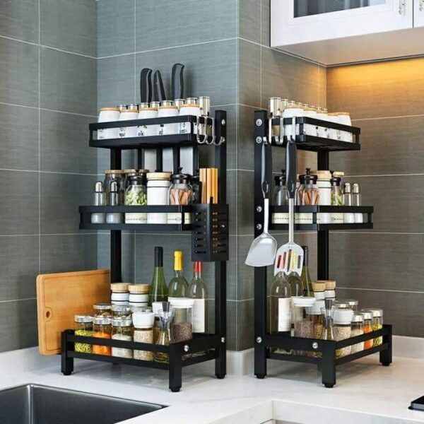 hot sale 3 tier storage rack, spice rack, kitchen shelf organizer countertop, large standing seasoning rack for spice storage, kitchen organizer with three hooks