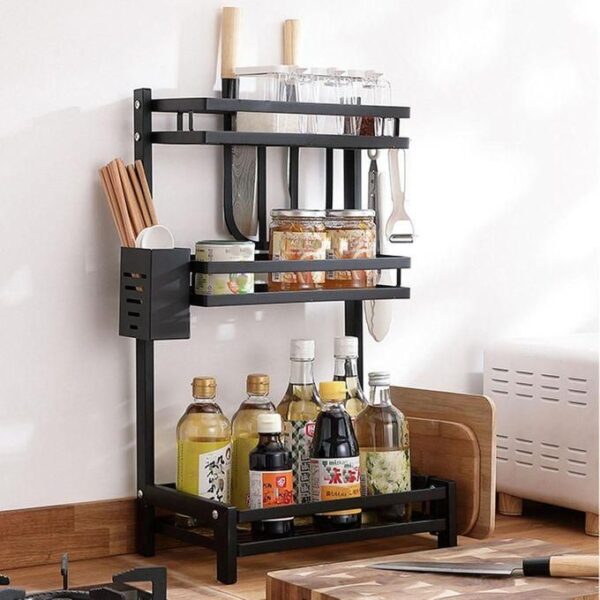 hot sale 3 tier storage rack, spice rack, kitchen shelf organizer countertop, large standing seasoning rack for spice storage, kitchen organizer with three hooks