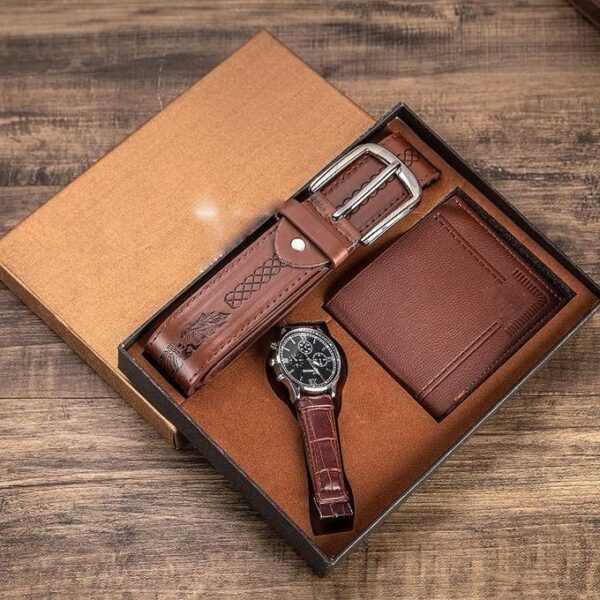 jesou hot sale 3pcs/set men's gift set beautifully packaged watch brown leather belt wallet suit gift set for men boyfriend dad drop, multicolor