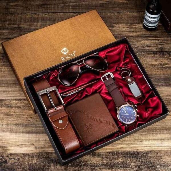 jesou hot fashion men's gift set exquisite packaged,6pcs men's gift set with box brown leather belt wallet watch glasses keychain ballpoint pen gifts for men, multicolor