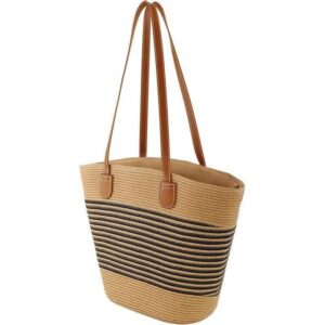 vintage papyrus straw woven beach bag/women's summer straw beach bag braided handbag, brown/black, large, beach shoulder bag, straw bag, basket bags for travel, holiday, work, outdoor, shopper, multicolor