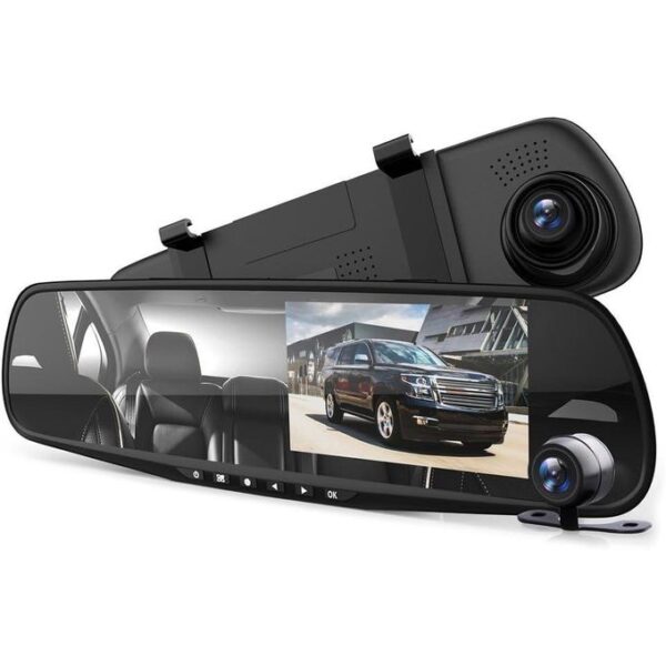 dash cam rearview mirror 4.3” dvr monitor rear view dual camera video recording system in full hd 1080p w/ built in g sensor motion detect parking and reverse control loop record support