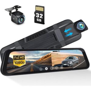 mirror dash cam 9.66" rear view mirror 1080p front and rear view dual cameras, night vision, g sensor, parking assistance,24h parking monitor, hd waterproof backup camera for cars/trucks