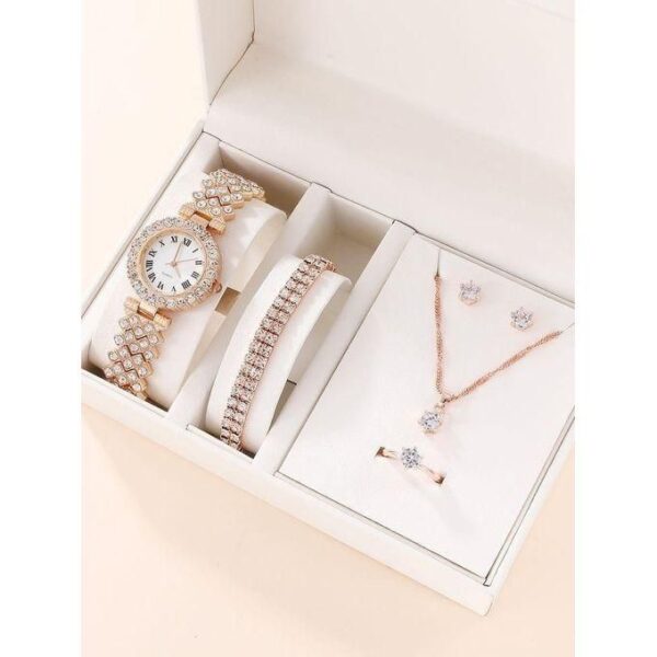 hot sale 6 in 1 pcs set watch women ring necklace earrings rhinestone fashion wristwatch female casual ladies watches bracelet set clock, multicolor