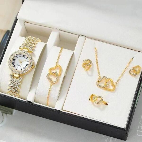 6 pcs set full diamond wristwatch heart jewelry set women's earrings, necklaces, bracelets, ring accessories for girls luxury stylish watch, multicolor