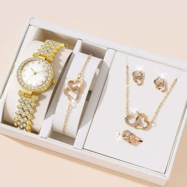 6 pcs set full diamond wristwatch heart jewelry set women's earrings, necklaces, bracelets, ring accessories for girls luxury stylish watch, multicolor