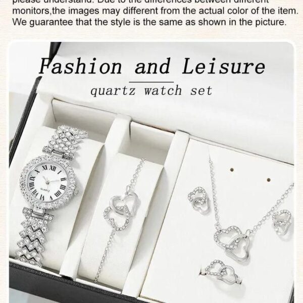 6 pcs set full diamond wristwatch heart jewelry set women's earrings, necklaces, bracelets, ring accessories for girls luxury stylish watch, multicolor