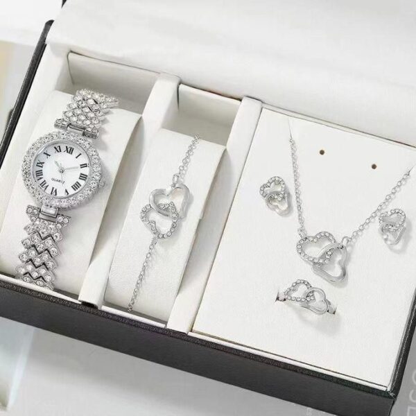 6 pcs set full diamond wristwatch heart jewelry set women's earrings, necklaces, bracelets, ring accessories for girls luxury stylish watch, multicolor