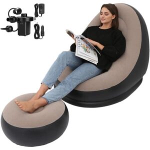 portable inflatable lounge chair with ottoman blow up chaise lounge air lazy sofa set flocked couch portable inflatable seats for lounge inflatable deck chair for indoor & outdoor with free pump, multicolor