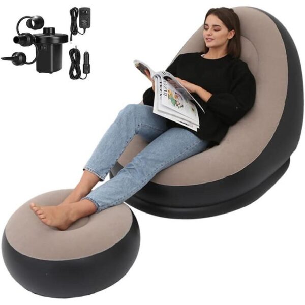 portable inflatable lounge chair with ottoman blow up chaise lounge air lazy sofa set flocked couch portable inflatable seats for lounge inflatable deck chair for indoor & outdoor with free pump, multicolor