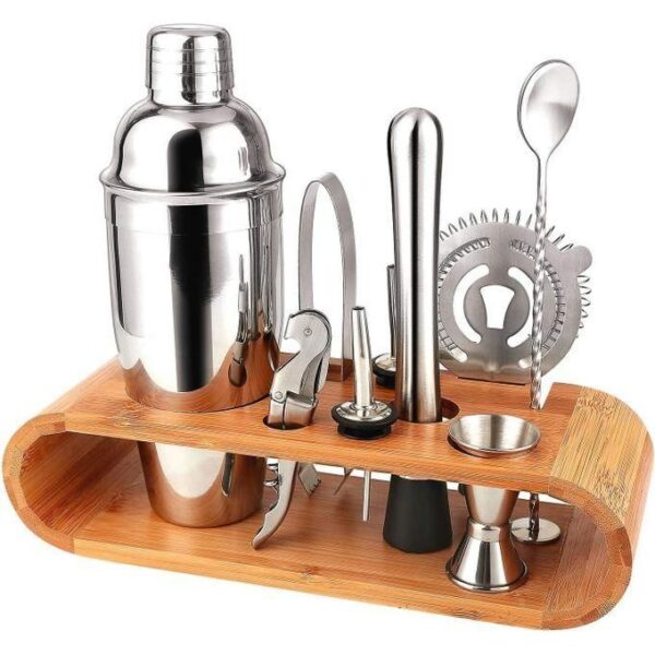 hot sale retro cocktail making set bamboo stand 11 piece cocktail anti rust shaker set for mixed drink stainless steel bar tool set. complete bartending tool kit