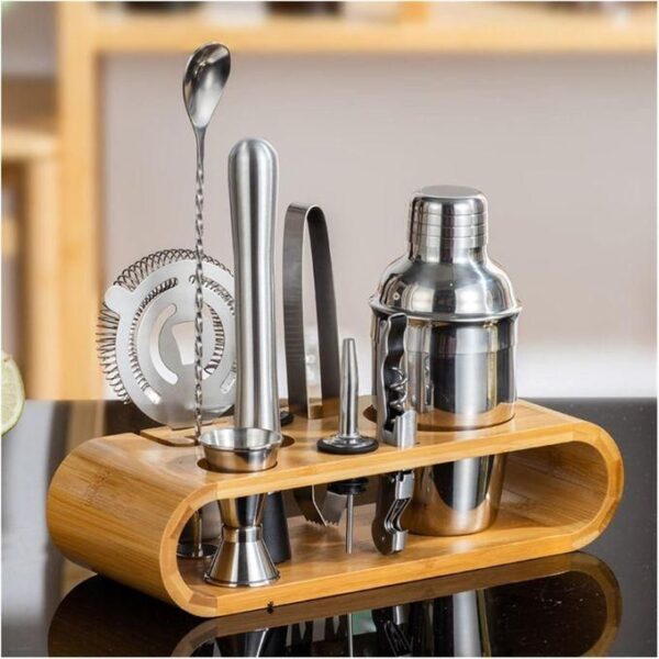 hot sale retro cocktail making set bamboo stand 11 piece cocktail anti rust shaker set for mixed drink stainless steel bar tool set. complete bartending tool kit