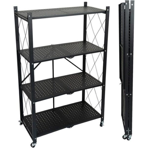 4 tier rotating multifunctional storage rack with wheels, foldable storage shelf with wheels metal collapsible shelving unit display, rolling cart for books kitchen storage shelves, pantry & closet organizer, office room decor (black, 4 shelf)