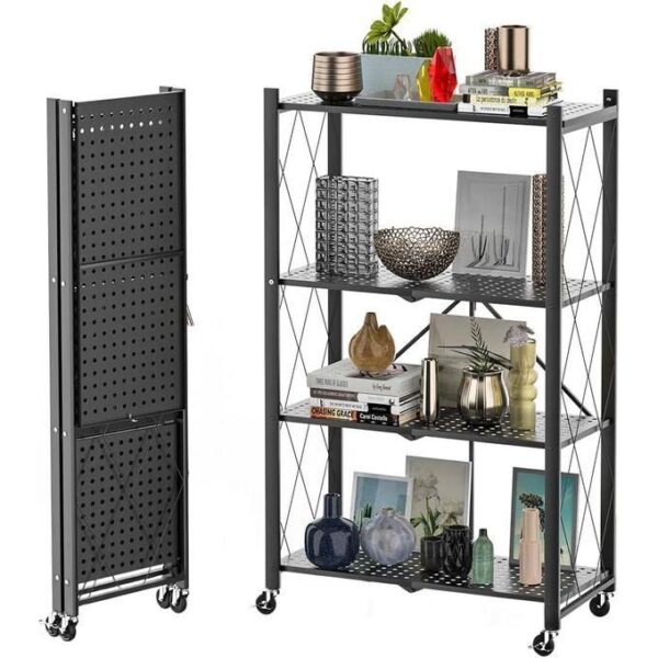 4 tier rotating multifunctional storage rack with wheels, foldable storage shelf with wheels metal collapsible shelving unit display, rolling cart for books kitchen storage shelves, pantry & closet organizer, office room decor (black, 4 shelf)