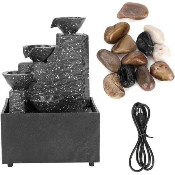 desktop fountain with led light & natural river rocks, usb water fountain ornament crafts 3 tier flowing bowls waterfall tabletop fountain with led light for home office or bedroom