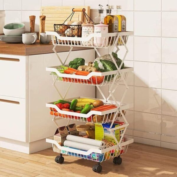 4 tier rotating multifunctional storage rack with wheels, 4 tier fruit vegetable basket for kitchen, fruit vegetable storage cart, vegetable basket bins for onions and potatoes, wire storage basket organizer utility cart with wheels, multicolor