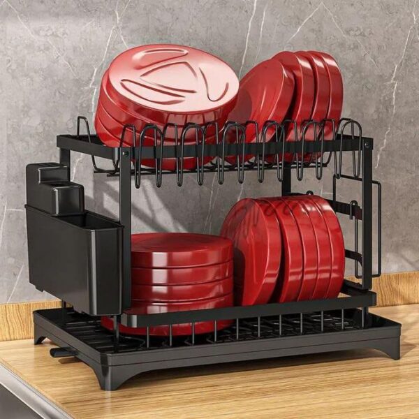 hot sale dish drying rack, 2 tier dish rack with drain board for kitchen counter, stainless steel dish drainer with drainage utensil holder, cutlery rack, cup holder, cutting board holder, multicolor