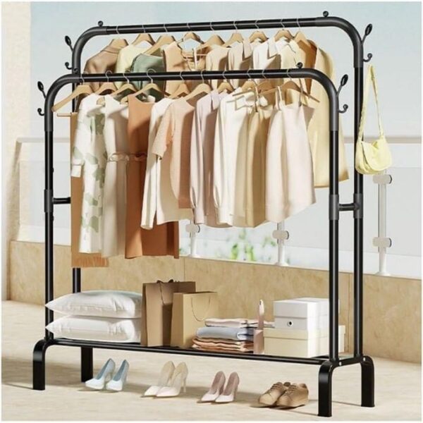 hot sale clothes rail metal double pole garment rack multifunctional clothes racks with shelves, double pole sturdy rack for hanging clothes, multicolor