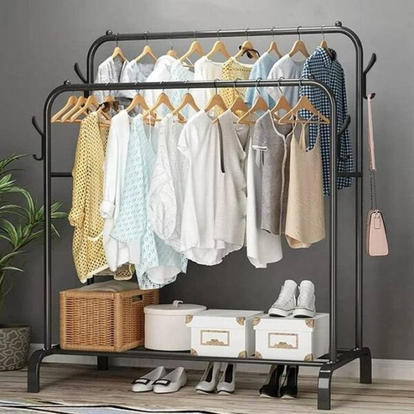 hot sale clothes rail metal double pole garment rack multifunctional clothes racks with shelves, double pole sturdy rack for hanging clothes, multicolor