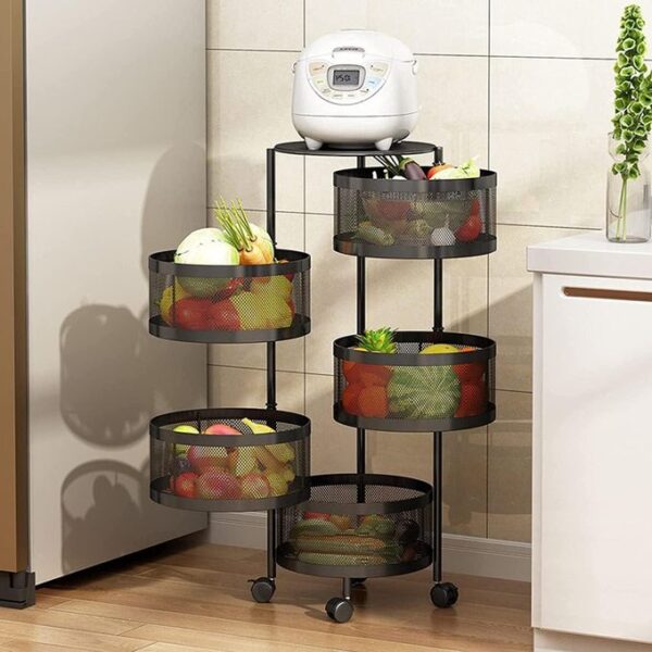 hot sale 5 tier circular rotating fruit basket organizer, removable shelf, rolling wheels, metal wire shelf with top lid, multicolor