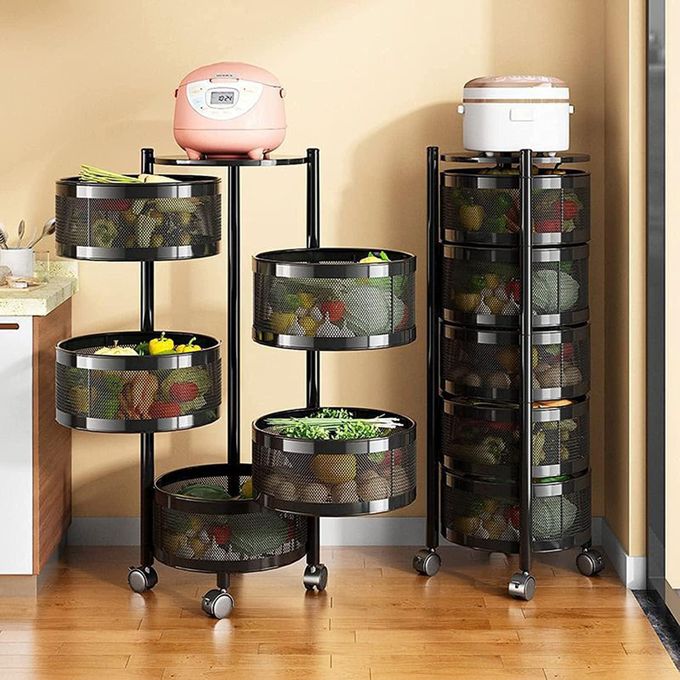 hot sale 5 tier circular rotating fruit basket organizer, removable shelf, rolling wheels, metal wire shelf with top lid, multicolor hot sale 5 tier circular rotating fruit basket organizer, removable shelf, rolling wheels, metal wire shelf with top lid, multicolor