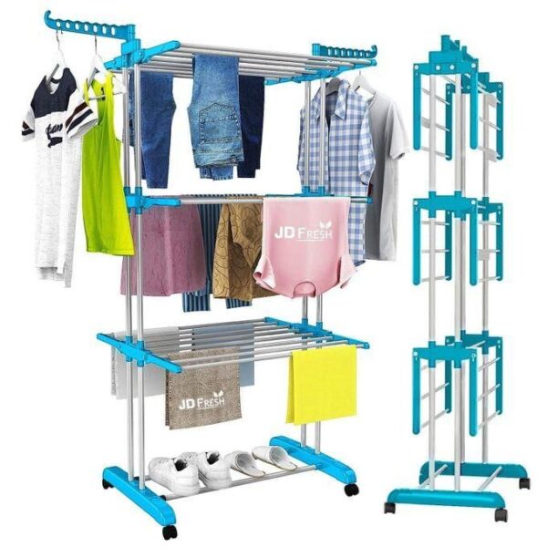 hot sale cloth drying stand pre assembled, large drying area, collapsible 3 tier clothes drying rack with hanger 35 kg drying capacity, multicolor