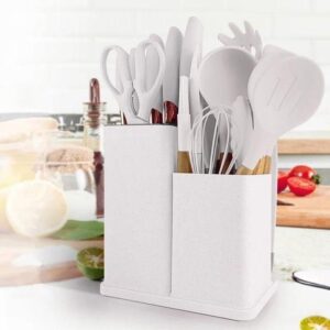 19 pieces kitchen utensils and knife set with block, with 9 piece silicone cooking utensils set 5 piece sharp stainless steel chef knife scissors whisk tongs and cutting board, multicolor