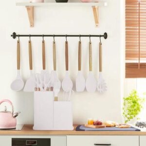 19 pieces kitchen utensils and knife set with block, with 9 piece silicone cooking utensils set 5 piece sharp stainless steel chef knife scissors whisk tongs and cutting board, multicolor