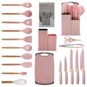 19 pieces kitchen utensils and knife set with block, with 9 piece silicone cooking utensils set 5 piece sharp stainless steel chef knife scissors whisk tongs and cutting board, multicolor