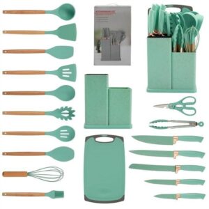 19 pieces kitchen utensils and knife set with block, with 9 piece silicone cooking utensils set 5 piece sharp stainless steel chef knife scissors whisk tongs and cutting board, multicolor