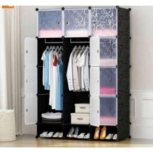 hot sale hard semi permanent pp wardrobes with inbuilt shoe rack, diy furniture 12 cube multipurpose magnetic door waterproof wardrobe metallic wire organizer, book shelf, storage cabinet, multicolor