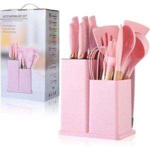 19 pieces kitchen utensils and knife set with block, with 9 piece silicone cooking utensils set 5 piece sharp stainless steel chef knife scissors whisk tongs and cutting board, multicolor