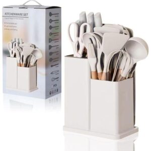 19 pieces kitchen utensils and knife set with block, with 9 piece silicone cooking utensils set 5 piece sharp stainless steel chef knife scissors whisk tongs and cutting board, multicolor