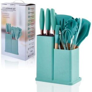 19 pieces kitchen utensils and knife set with block, with 9 piece silicone cooking utensils set 5 piece sharp stainless steel chef knife scissors whisk tongs and cutting board, multicolor