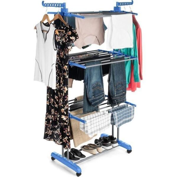 cloth drying stand pre assembled, large drying area, collapsible 3 tier clothes drying rack with hanger 35 kg drying capacity, multicolor