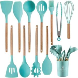 12pc silicone kitchen utensils set with holder bpa free, food grade material with natural beechwood handles temperature resistant, 12 pcs non stick silicone cooking utensils set with wooden holder, multicolor