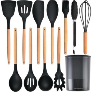 12pc silicone kitchen utensils set with holder bpa free, food grade material with natural beechwood handles temperature resistant, 12 pcs non stick silicone cooking utensils set with wooden holder, multicolor