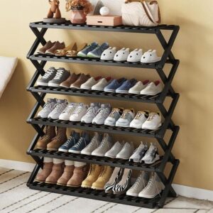 6 tier brown bamboo shoe rack/multifunctional organizer, foldable bamboo shoe rack, black, multi layer, multi functional, space saving, easy assembly, versatile use, multicolor