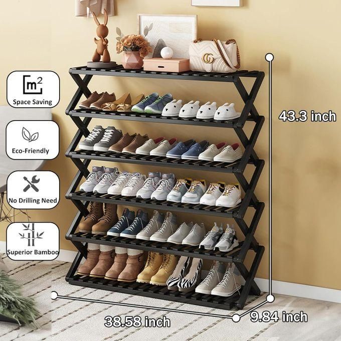 6 tier brown bamboo shoe rack/multifunctional organizer, foldable bamboo shoe rack, black, multi layer, multi functional, space saving, easy assembly, versatile use, multicolor