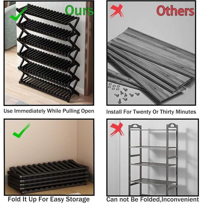 6 tier brown bamboo shoe rack/multifunctional organizer, foldable bamboo shoe rack, black, multi layer, multi functional, space saving, easy assembly, versatile use, multicolor