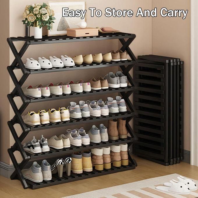 6 tier brown bamboo shoe rack/multifunctional organizer, foldable bamboo shoe rack, black, multi layer, multi functional, space saving, easy assembly, versatile use, multicolor