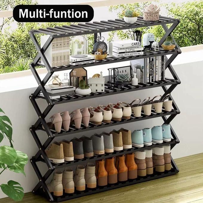 6 tier brown bamboo shoe rack/multifunctional organizer, foldable bamboo shoe rack, black, multi layer, multi functional, space saving, easy assembly, versatile use, multicolor