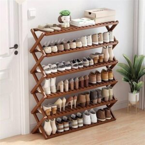6 tier brown bamboo shoe rack/multifunctional organizer, foldable bamboo shoe rack, black, multi layer, multi functional, space saving, easy assembly, versatile use, multicolor