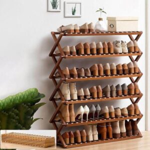 6 tier brown bamboo shoe rack/multifunctional organizer, foldable bamboo shoe rack, black, multi layer, multi functional, space saving, easy assembly, versatile use, multicolor
